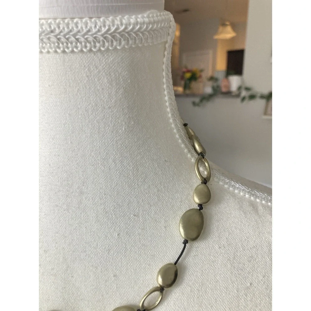 Matte Gold Tone Disc Necklace Black Cord‎ Oval Beads Tarnished Look Minimalist